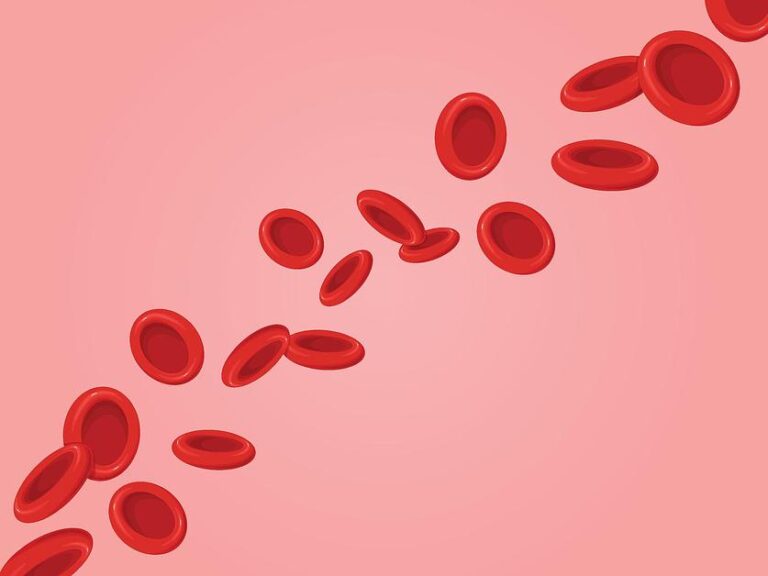 Iron-rich red blood cells flowing diagonally across pink background, illustrated in medical style